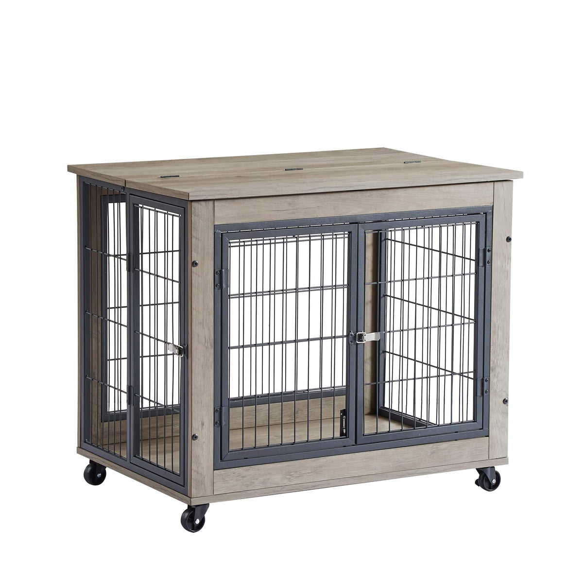 Furniture Dog Crate with Double Doors in grey wood-look particleboard, with black metal bars and rolling casters