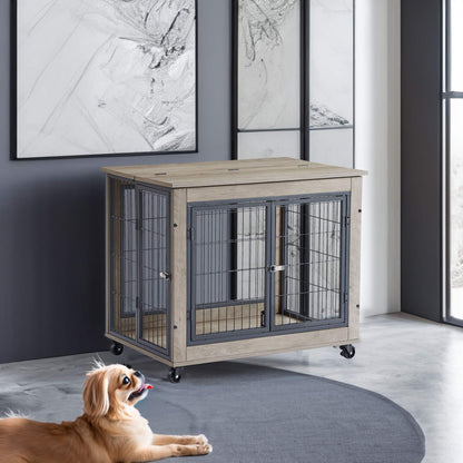 Furniture Dog Crate with Double Doors in grey wood and black metal bars, featuring rolling casters and a lift-top