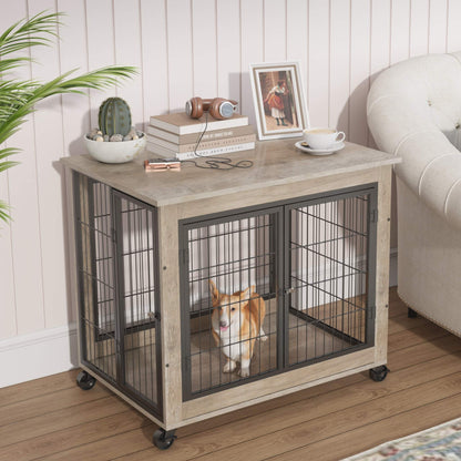 Furniture Dog Crate with Double Doors in grey wood-look particleboard with black steel bars, casters, and a dog inside