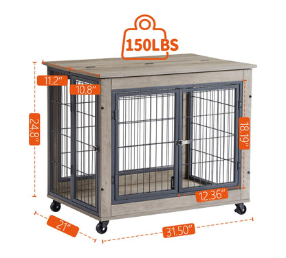 Furniture Dog Crate with Double Doors in grey wood-look particleboard and black steel bars, with caster wheels