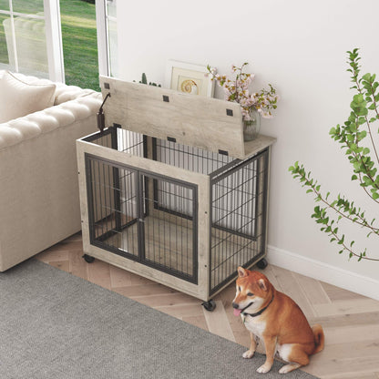 Furniture Dog Crate with Double Doors in light grey wood and black steel bars, featuring a lift-top lid and casters