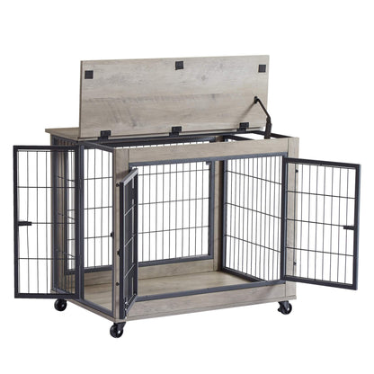 Furniture Dog Crate with Double Doors in grey wood-look particleboard and black steel bars, with open lift-top and wheels