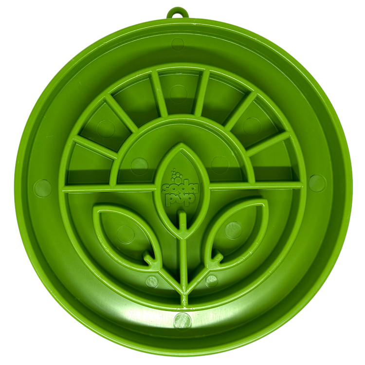 Garden Design eTray shallow slow feeder dog bowl with raised ridges and garden pattern in apple green for mental enrichment and slow eating