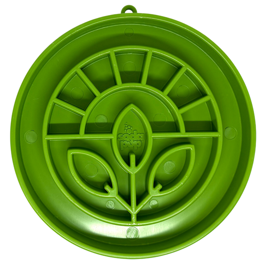Garden Design eTray shallow slow feeder dog bowl with raised ridges and garden pattern in apple green for mental enrichment and slow eating