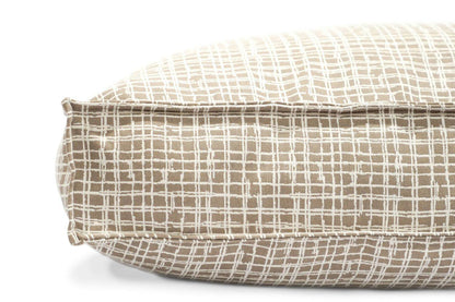 Lounger Pet Bed in beige mini plaid pattern with tailored seams, soft durable fabric, and eco-friendly fill for dogs.