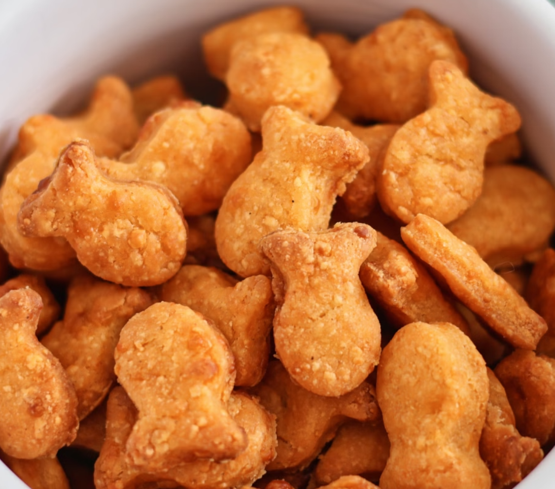 Organic goldfish cheddar treats for dogs made with almond flour and real cheddar cheese