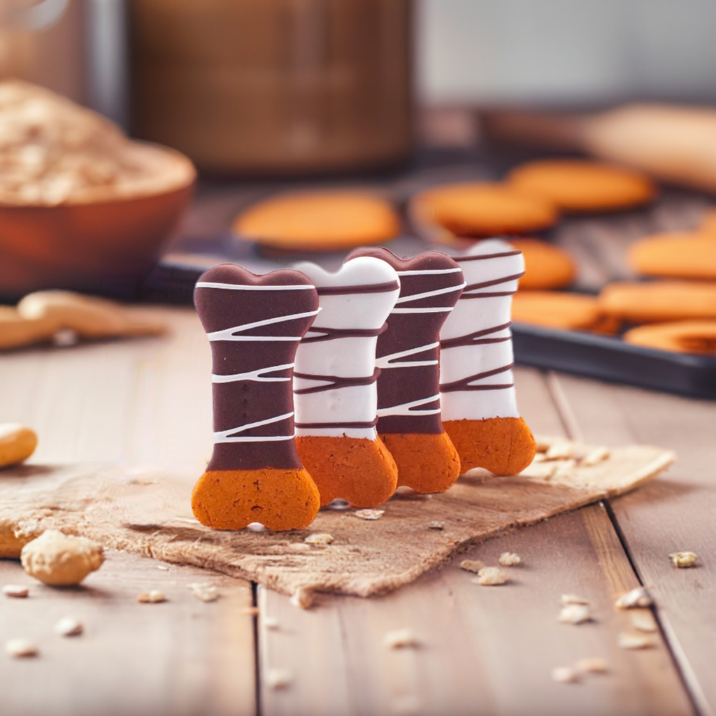 Dipped Bones dog treats with peanut butter, sweet potato, and yogurt icing on rustic wooden table