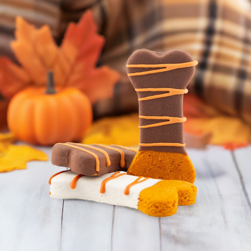 Dipped Bones Autumn dog treats with peanut butter icing on wooden surface with fall decor