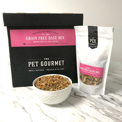 Grain free dog food premix package with bowl of dehydrated dog food on marble surface