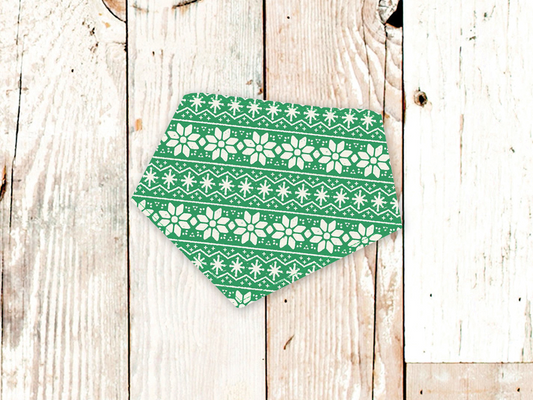 Green Fair Isle patterned dog bandana with adjustable snap closures