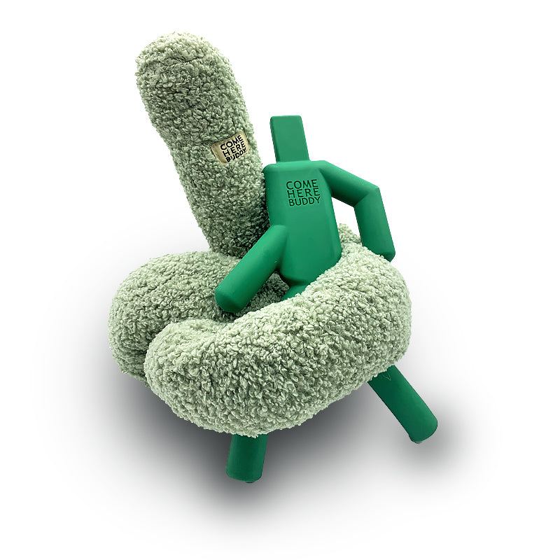 COME HERE BUDDY’s plush velvet Knott dog toy with durable double-stitched seams for safe chewing and interactive play