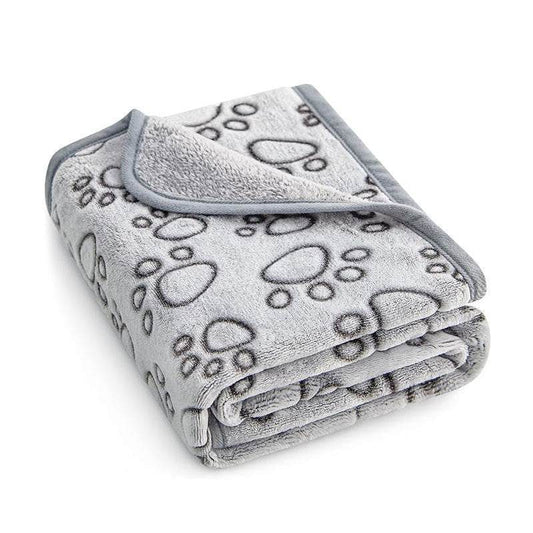 Grey fleece pet blanket with embossed footprint and flower patterns