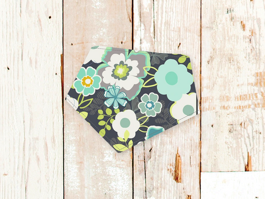 Grey flowers dog bandana with adjustable snaps and white flannel backing