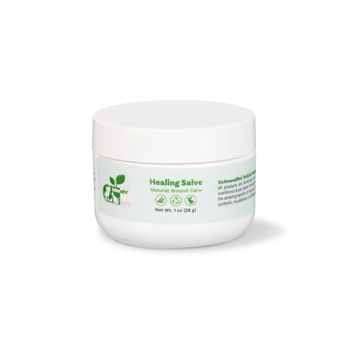 ReNewedPet Healing Skin Salve jar with natural ingredients for pet wound care