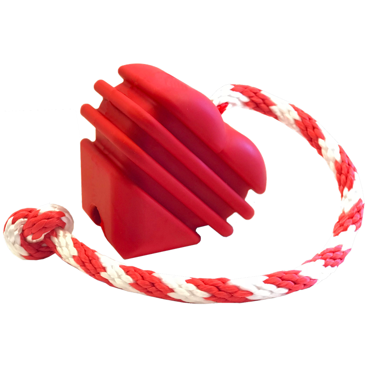 Large red rubber heart dog toy with white and red rope for chewing and tugging