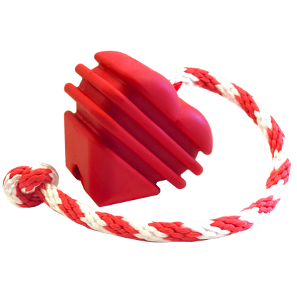 Large red rubber heart dog toy with white and red rope for chewing and tugging