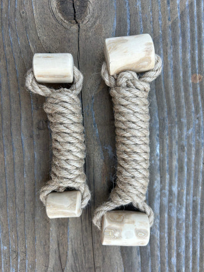 Eco-friendly hemp rope and coffee wood durable dog chew toy on wooden surface