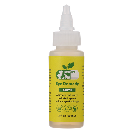 Herbal eye remedy drops for pet eye health in a dropper bottle