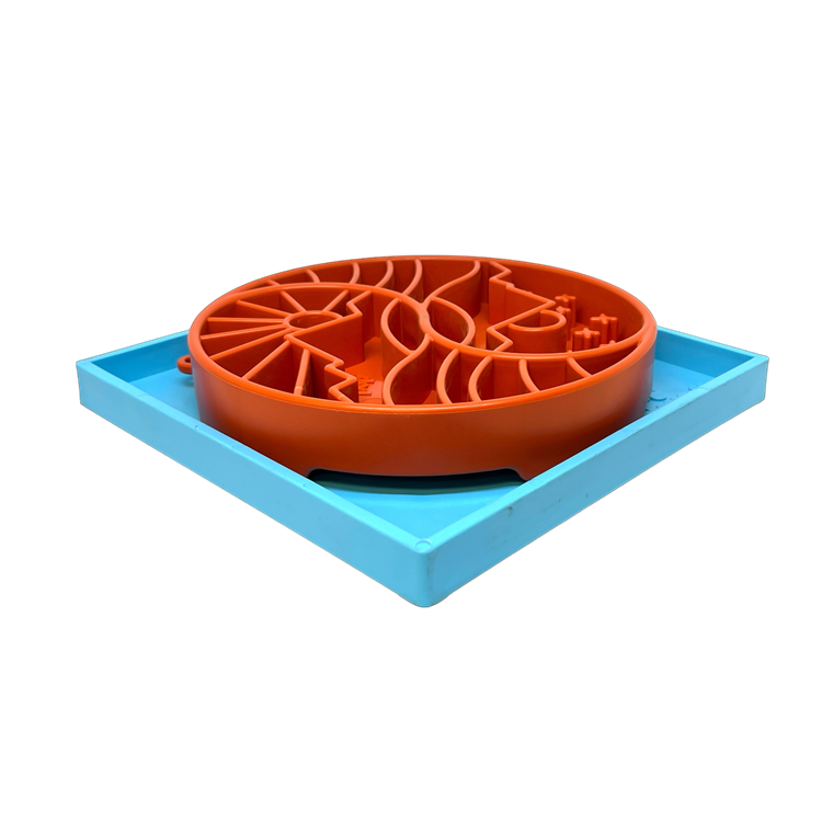 Hold 'em Suction Cup Holder securing dog slow feeder bowl and lick mat, USA made, durable and food-safe.