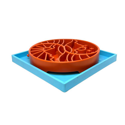 Hold 'em Suction Cup Holder securing dog slow feeder bowl and lick mat, USA made, durable and food-safe.