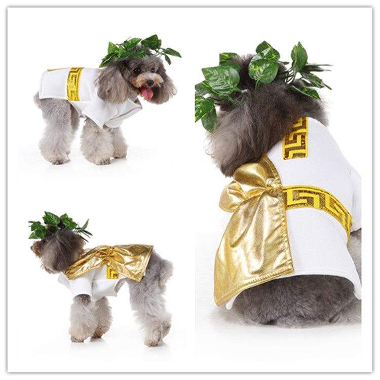 Holiday Dog Costume with a white and gold Greek-key tunic, metallic gold cape and leafy green headpiece