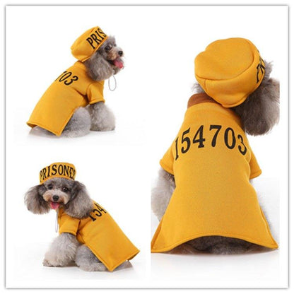 Holiday Dog Costume featuring a small dog in a mustard-yellow prisoner outfit with black numbers and matching cap