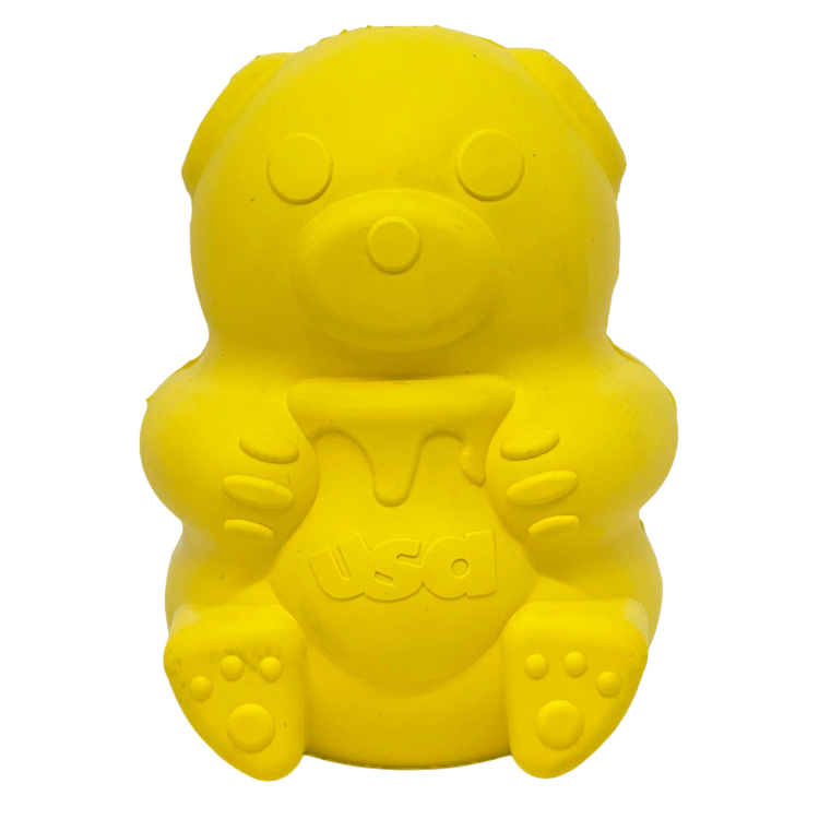 Honey Bear eDispenser durable rubber treat toy for dogs, yellow bear shape, made in USA, dishwasher safe