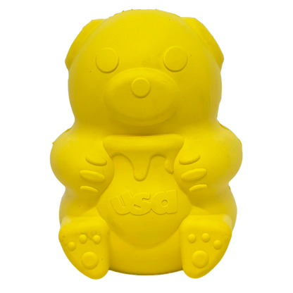 Honey Bear eDispenser durable rubber treat toy for dogs, yellow bear shape, made in USA, dishwasher safe
