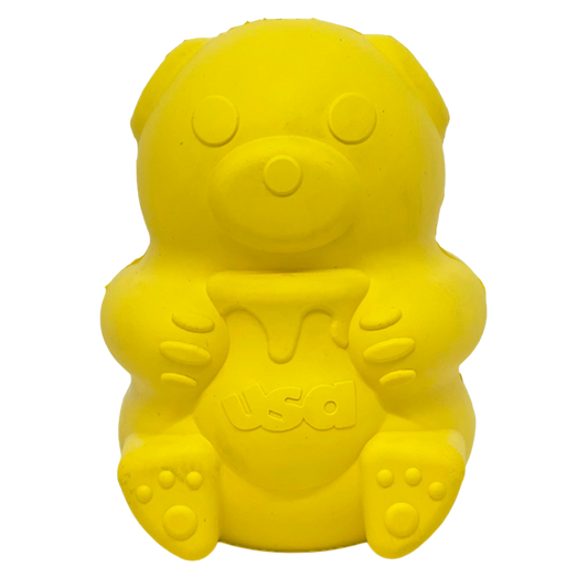 Honey Bear eDispenser durable rubber treat toy for dogs, yellow bear shape, made in USA, dishwasher safe