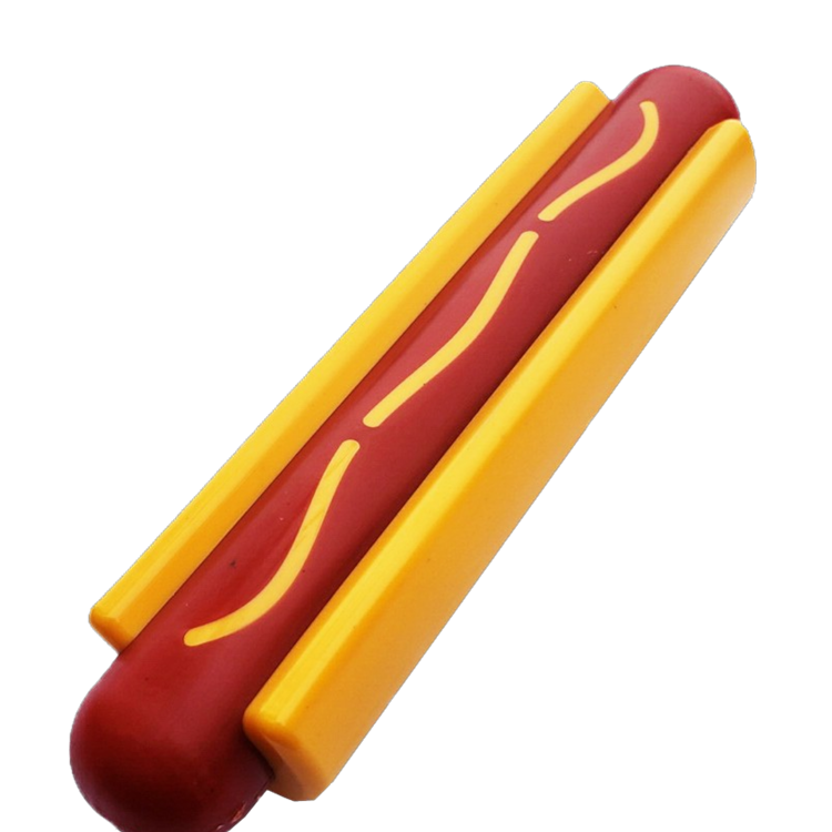 Hot Dog Nylon Dog Toy for aggressive chewers in red and yellow, durable USA-made nylon chew toy