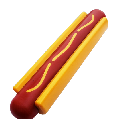 Hot Dog Nylon Dog Toy for aggressive chewers in red and yellow, durable USA-made nylon chew toy