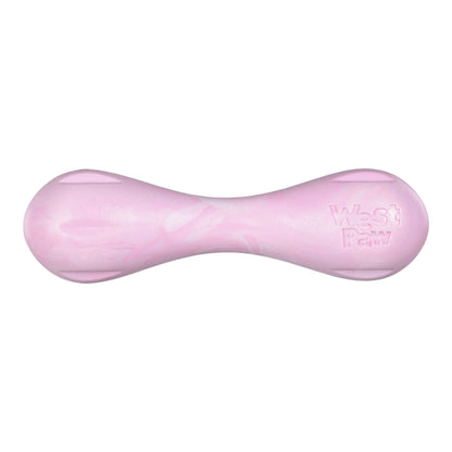 Hurley Bubblegum Swirl durable pink dog bone toy made of non-toxic rubber with a swirl pattern and embossed logo