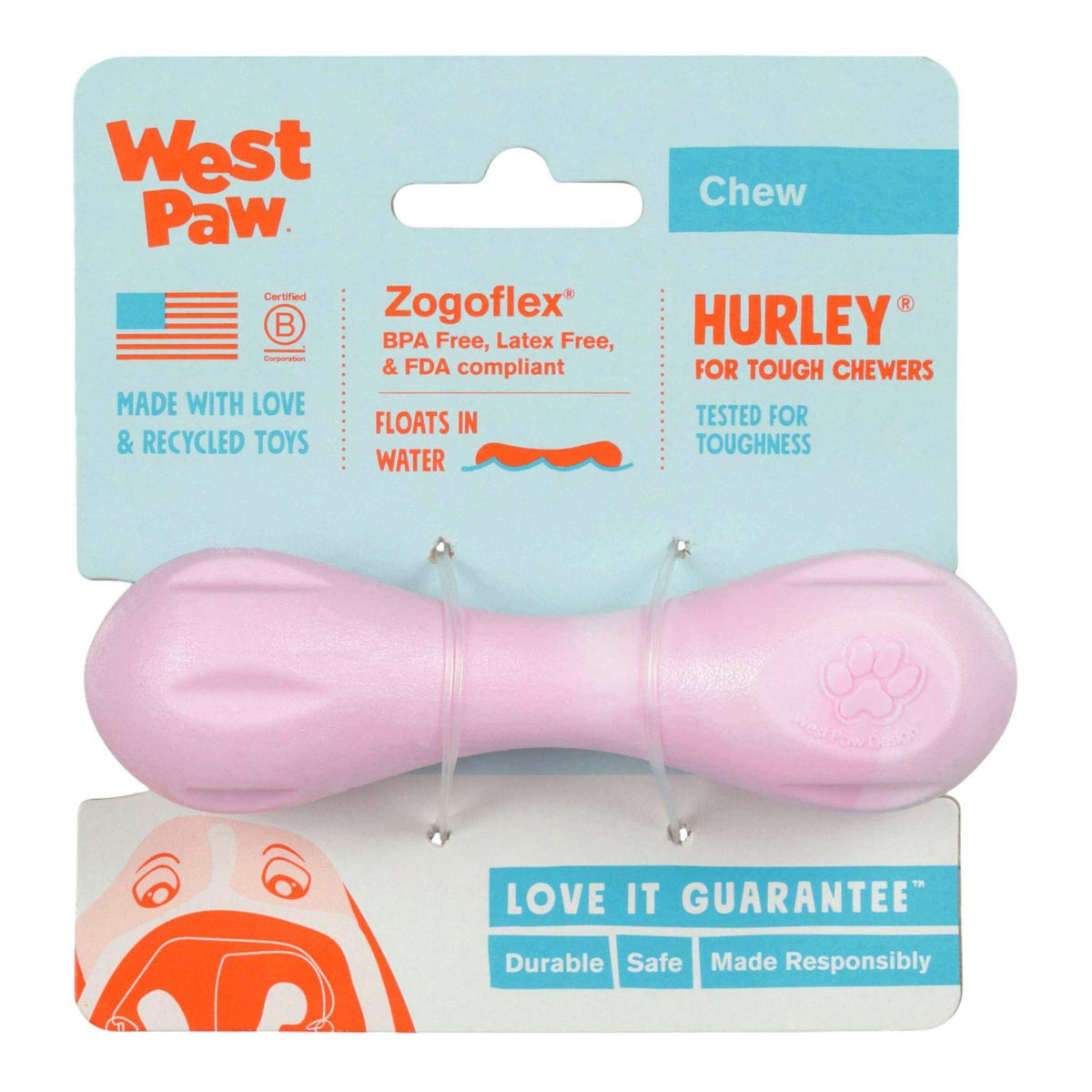 Hurley Bubblegum Swirl durable pink synthetic rubber dog bone toy with smooth design for tough chewers
