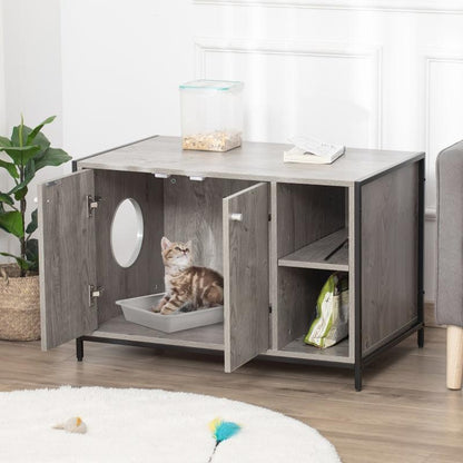 Hidden cat litter box enclosure with double doors, side entry hole, adjustable shelf, and wood-steel frame design