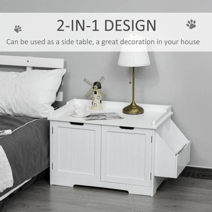 White wooden cat litter box nightstand with magnetic doors and side storage rack next to bed