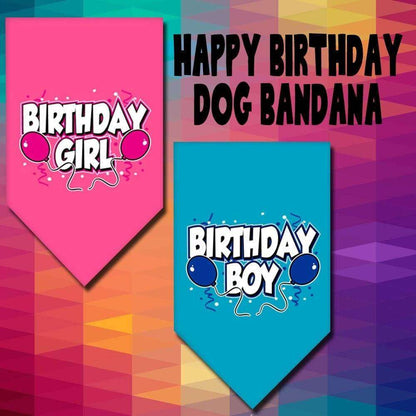 Pet and dog bandana with "Birthday Girl" and "Birthday Boy" text, cotton, durable, machine washable, two sizes for small to large pets