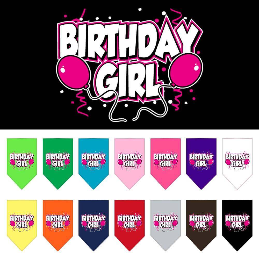 Pet and dog bandana screen printed with "Birthday Girl" or "Birthday Boy" text, available in two sizes, made of durable cotton for small to large pets.