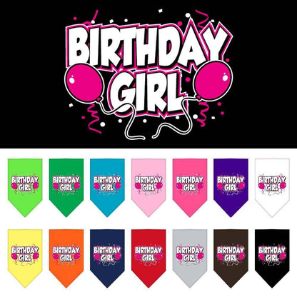 Pet and dog bandana screen printed with "Birthday Girl" or "Birthday Boy" text, available in two sizes, made of durable cotton for small to large pets.