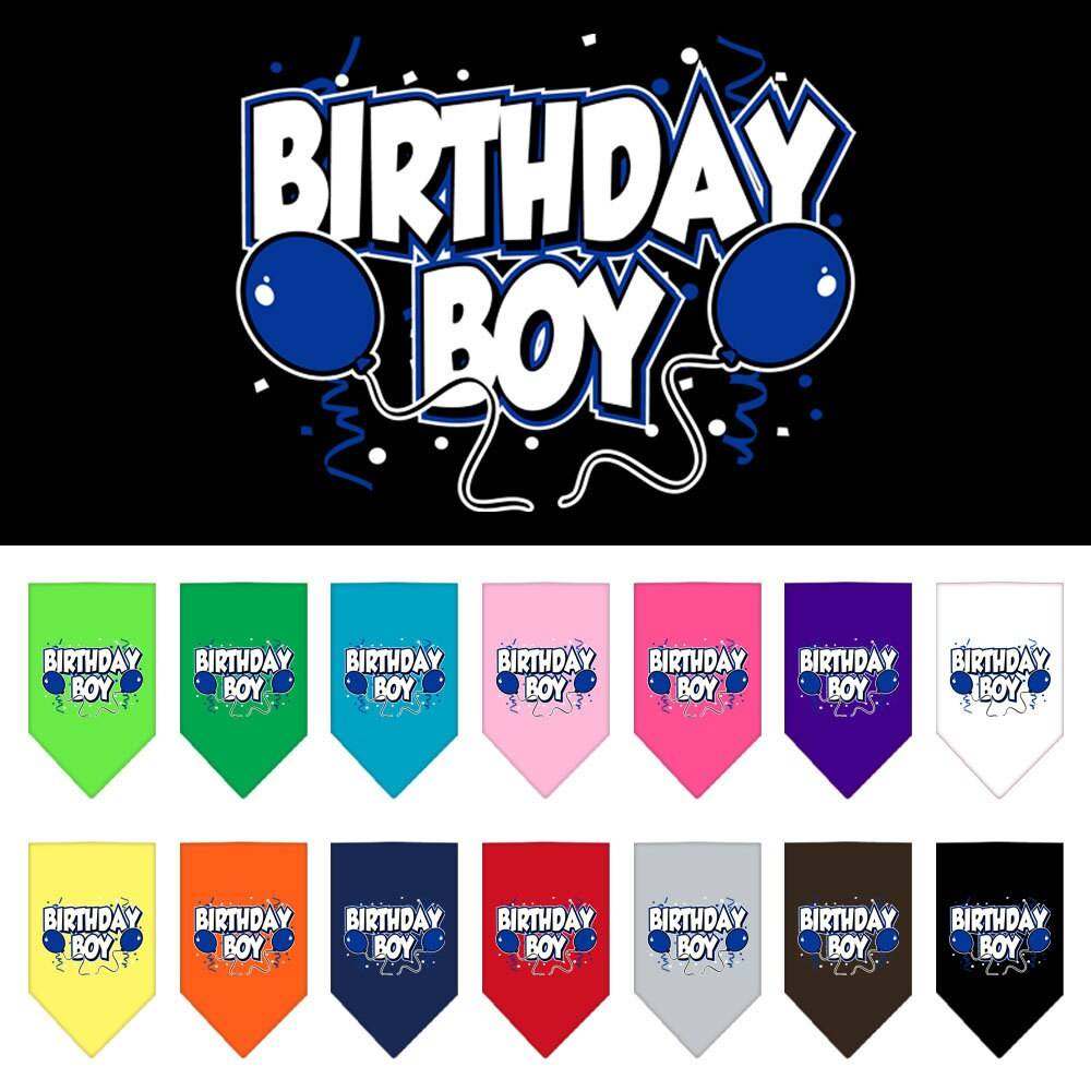 Pet and dog bandana screen printed with "Birthday Girl" and "Birthday Boy" text, cotton, durable, machine washable, available in small and large sizes for pets