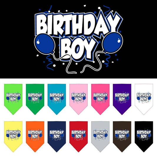 Pet and dog bandana screen printed with "Birthday Girl" and "Birthday Boy" text, cotton, durable, machine washable, available in small and large sizes for pets