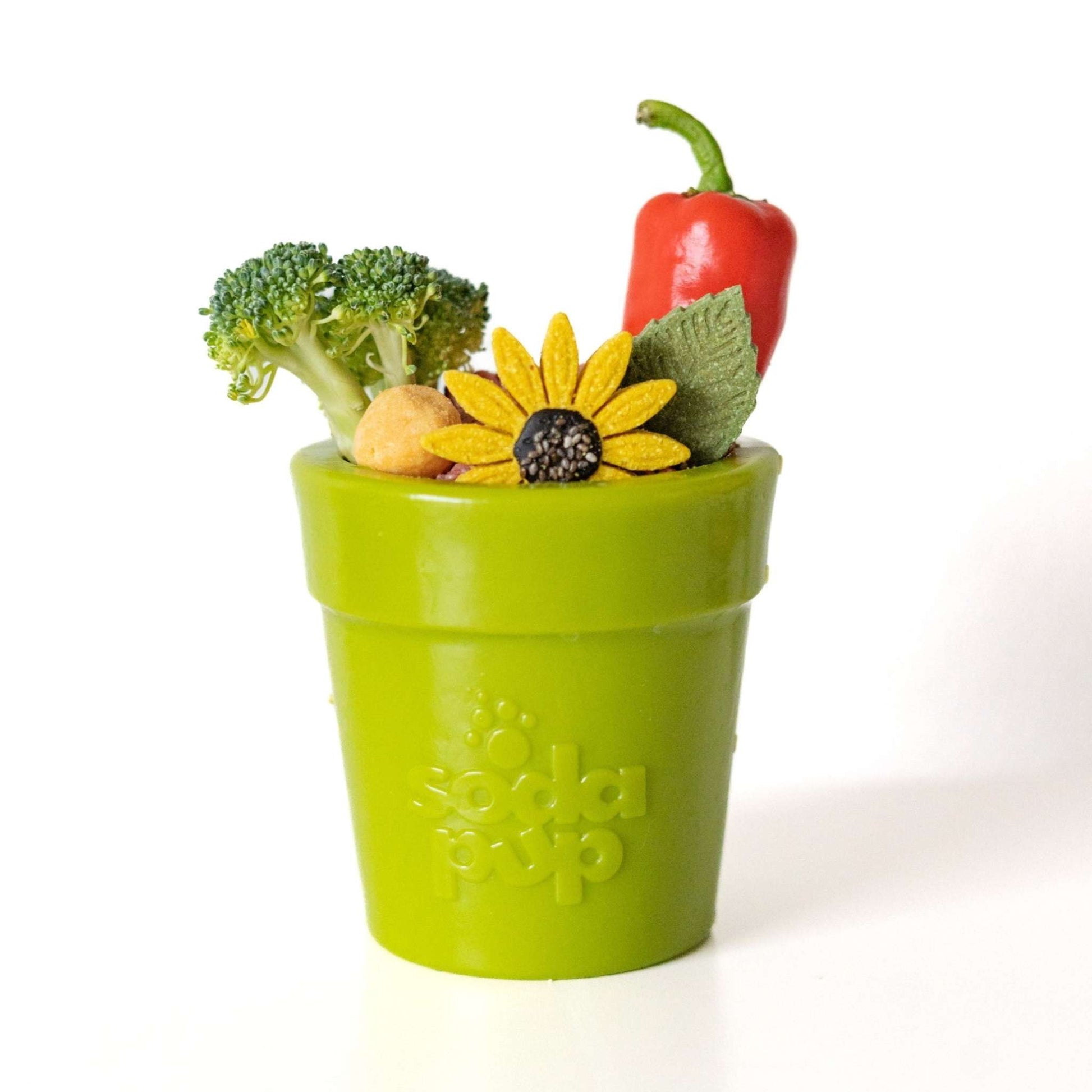 Large green flower pot dog treat dispenser by SodaPup designed for heavy chewers and mental enrichment