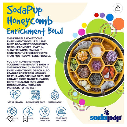 Honeycomb eBowl slow feeder dog bowl with segmented honeycomb design for mental enrichment and slower eating, USA made