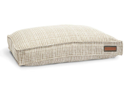 Round pet bed with beige mini plaid Sunbrella fabric, plush and durable support, handmade in USA