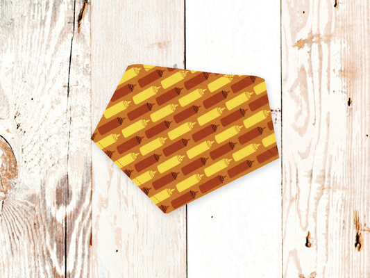 Ketchup and mustard dog bandana with adjustable snaps and white flannel backing