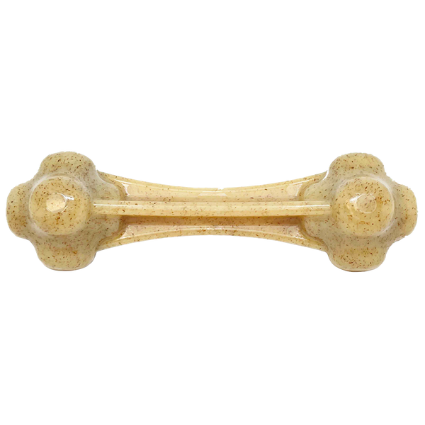 Knuckle Bone ultra durable nylon dog chew toy for aggressive chewers, made in USA, natural brown bone-shaped chew toy with treat-dispensing holes