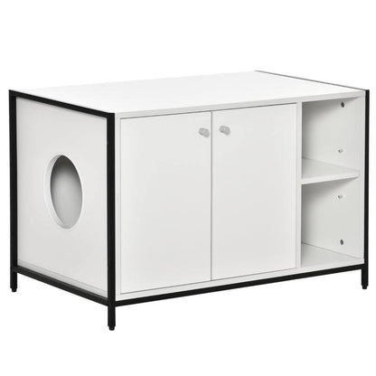 White hidden cat litter box enclosure with steel frame, side entry hole, double magnetic doors, and adjustable storage shelves.