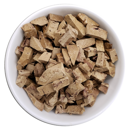bowl of freeze dried lamb liver dog treat protein chunks