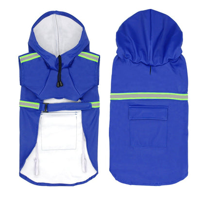 Large Dog Raincoat in bright blue PU material with reflective green stripes, hood, and adjustable straps for secure fit
