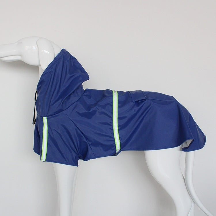 Large Dog Raincoat in navy blue waterproof PU material with reflective strips and an adjustable hood for visibility and protection