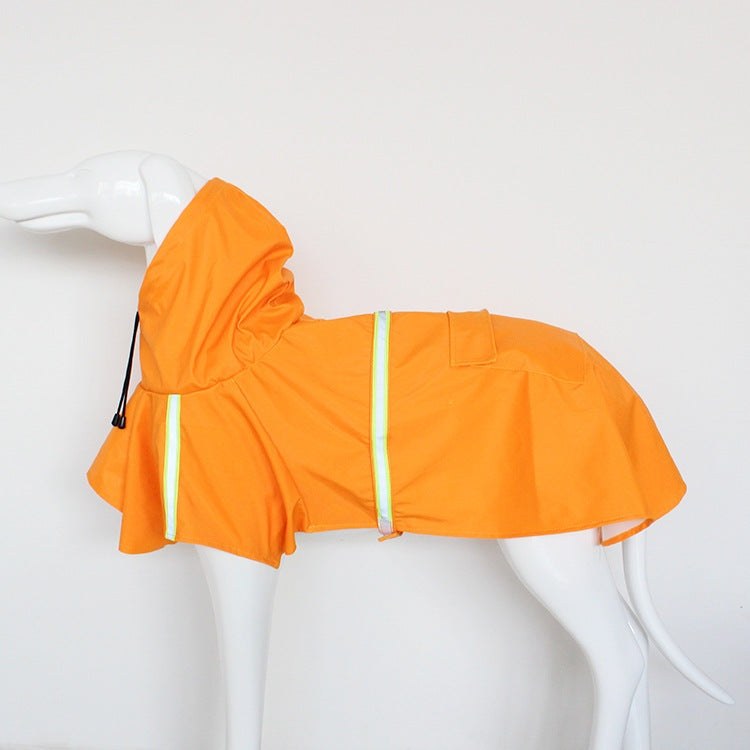 Large Dog Raincoat in bright orange with reflective strips, hooded design, made from waterproof PU material